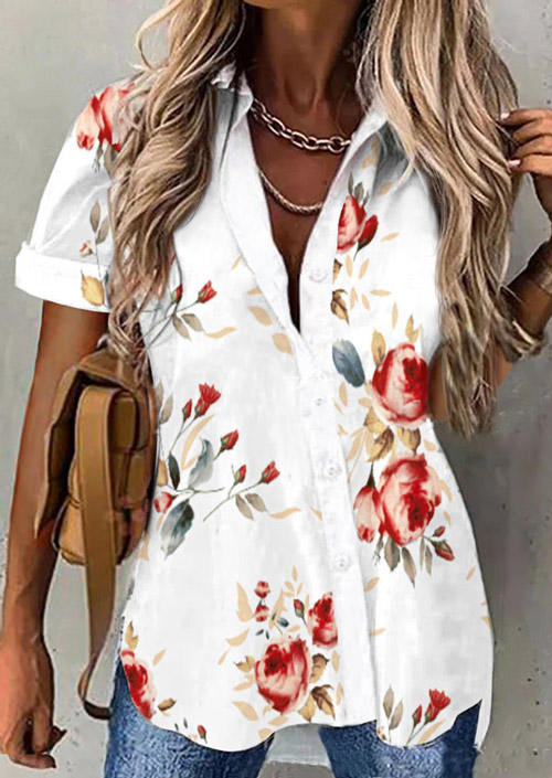 

Floral Button Short Sleeve Shirt - White, SCM001721