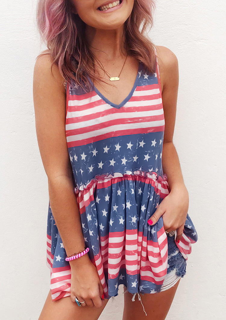 

American Flag Ruffled Casual Tank, Multicolor, SCM001811