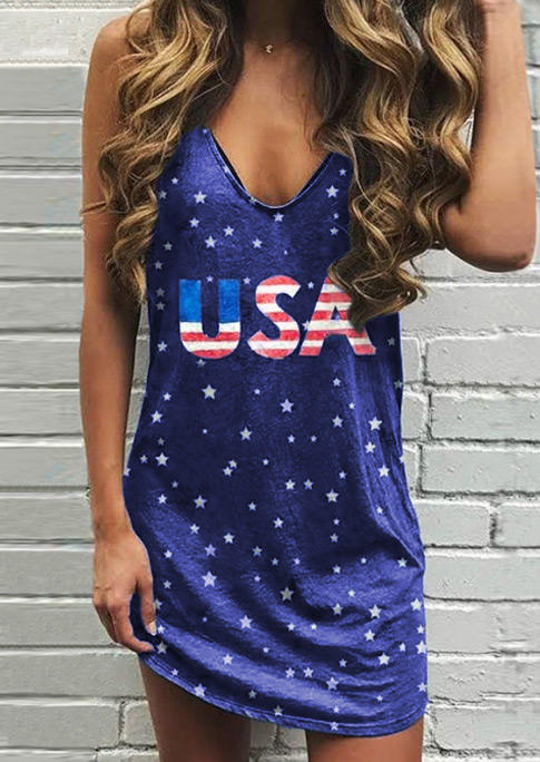 USA American Flag Star Sleeveless Mini Dress - Blue
