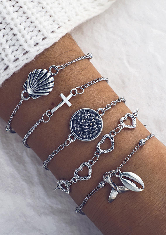 

5Pcs Fishtail Shell Heart Cross Alloy Bracelet Set, Silver, SCM001920