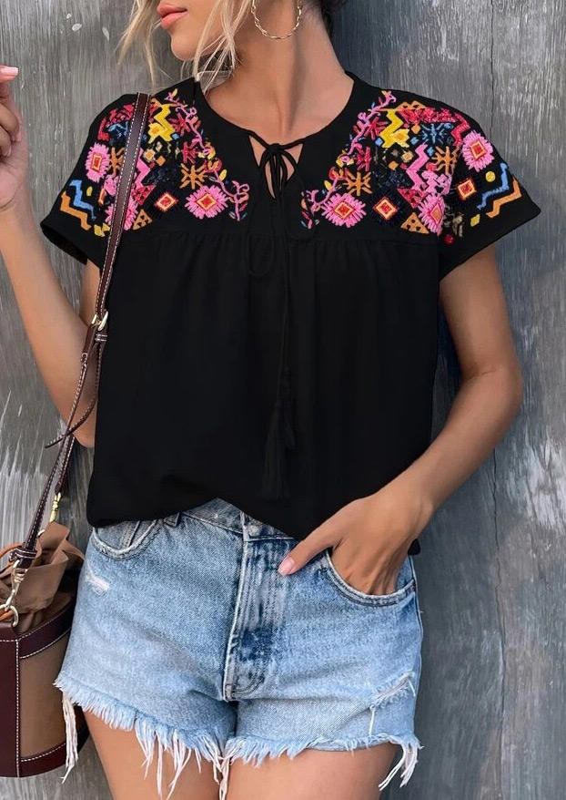 

Embroidery Floral Tie Blouse - Black, SCM001957