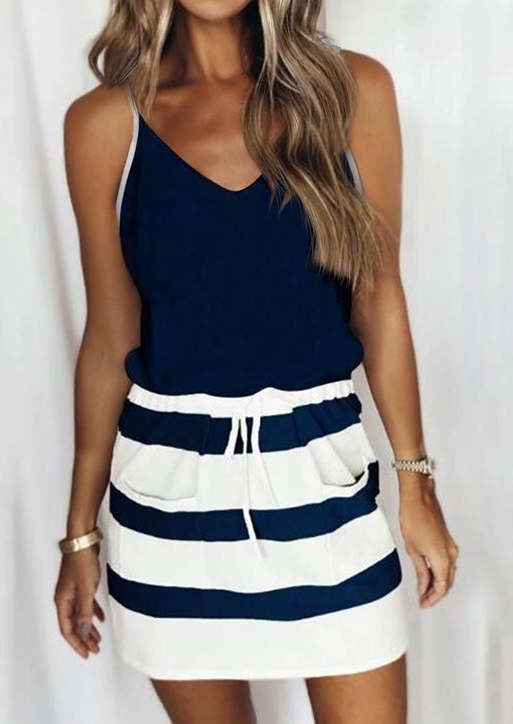 

Striped Pocket Tie Sleeveless Mini Dress - Navy Blue, SCM002022