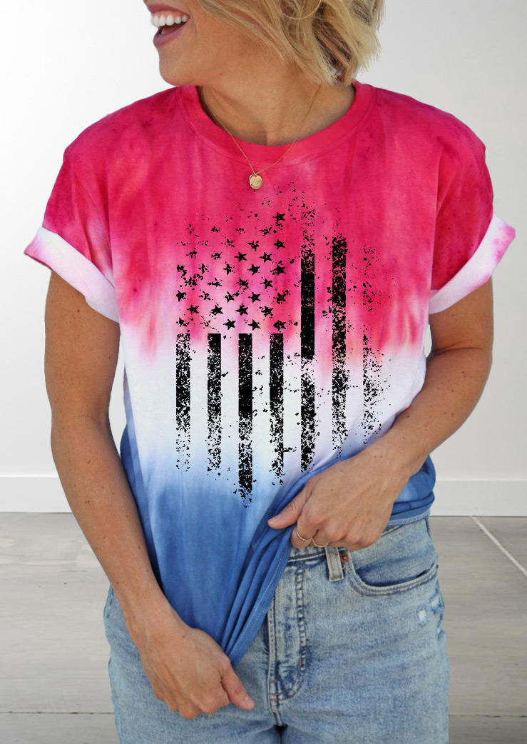 

Tie Dye American Flag O-Neck T-Shirt Tee, Multicolor, SCM002257