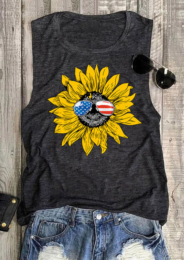 Sunflower American Flag Glasses Hippie Tank - Dark Grey