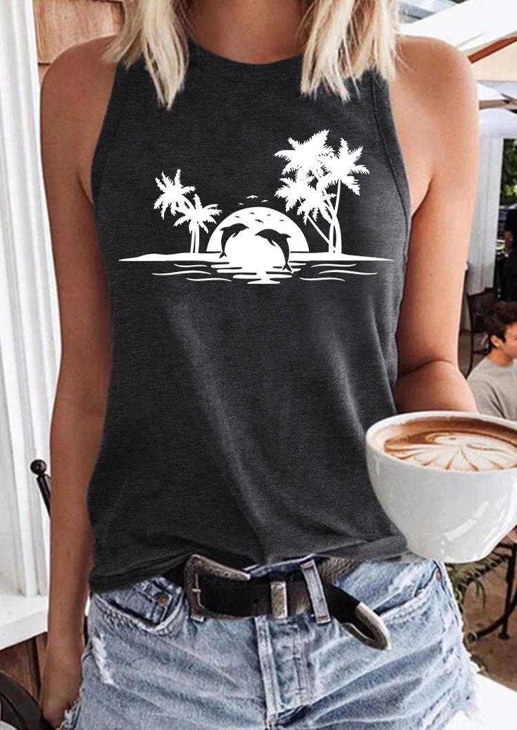 

Coconut Tree Dolphin O-Neck Racerback Tank - Dark Grey, 536348