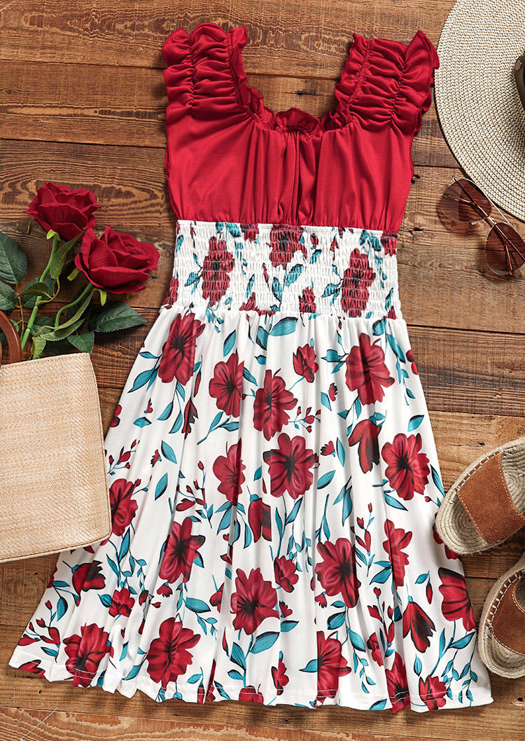 Floral Ruffled Smocked Sleeveless Mini Dress - Red