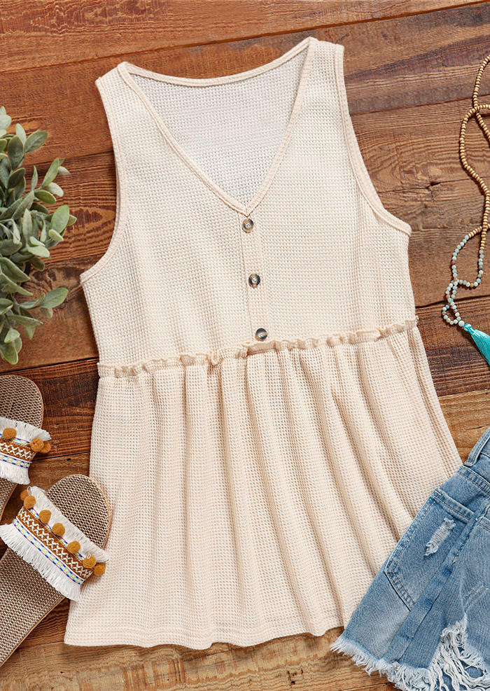 Waffle Button Ruffled Casual Tank - Apricot