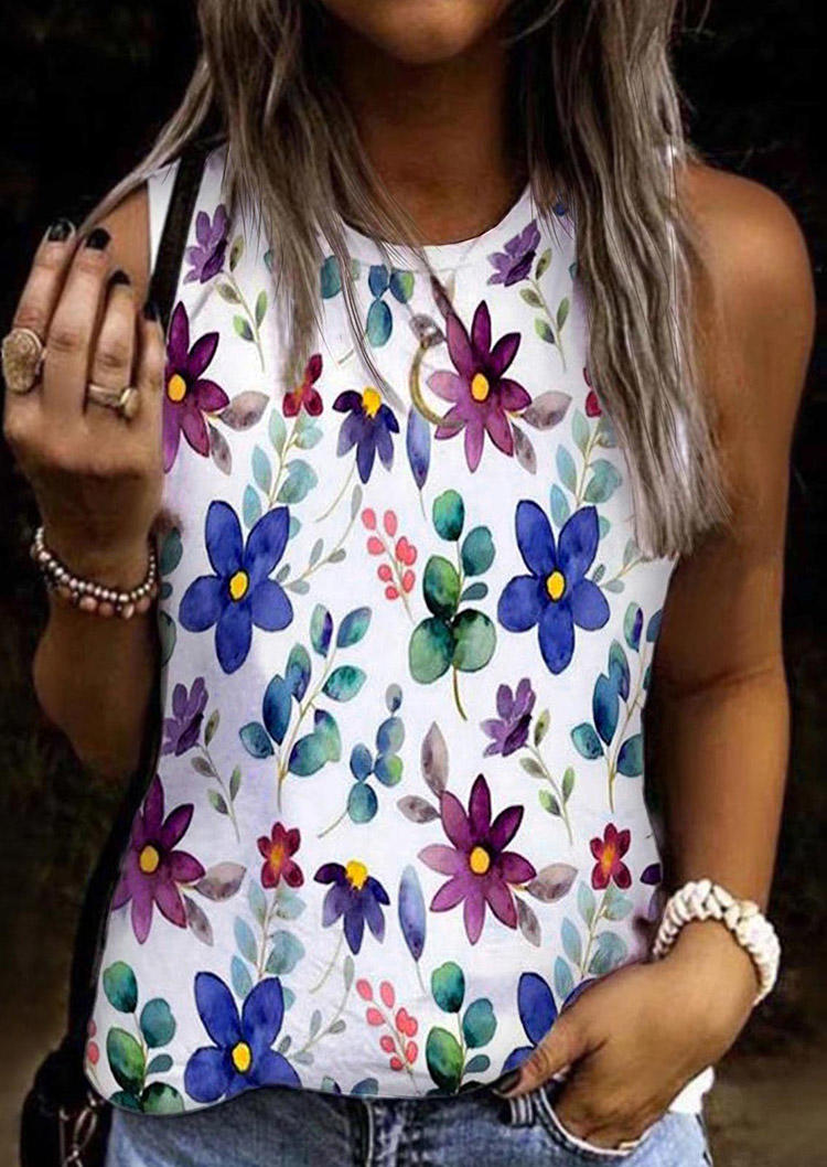 

Floral O-Neck Casual Tank - White, SCM001774