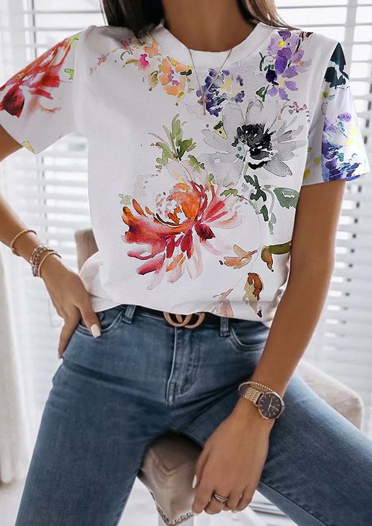 

Floral O-Neck Short Sleeve Blouse, Multicolor, SCM001799