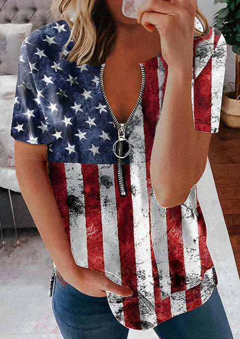 

American Flag Zipper Short Sleeve Blouse, Multicolor, SCM002085