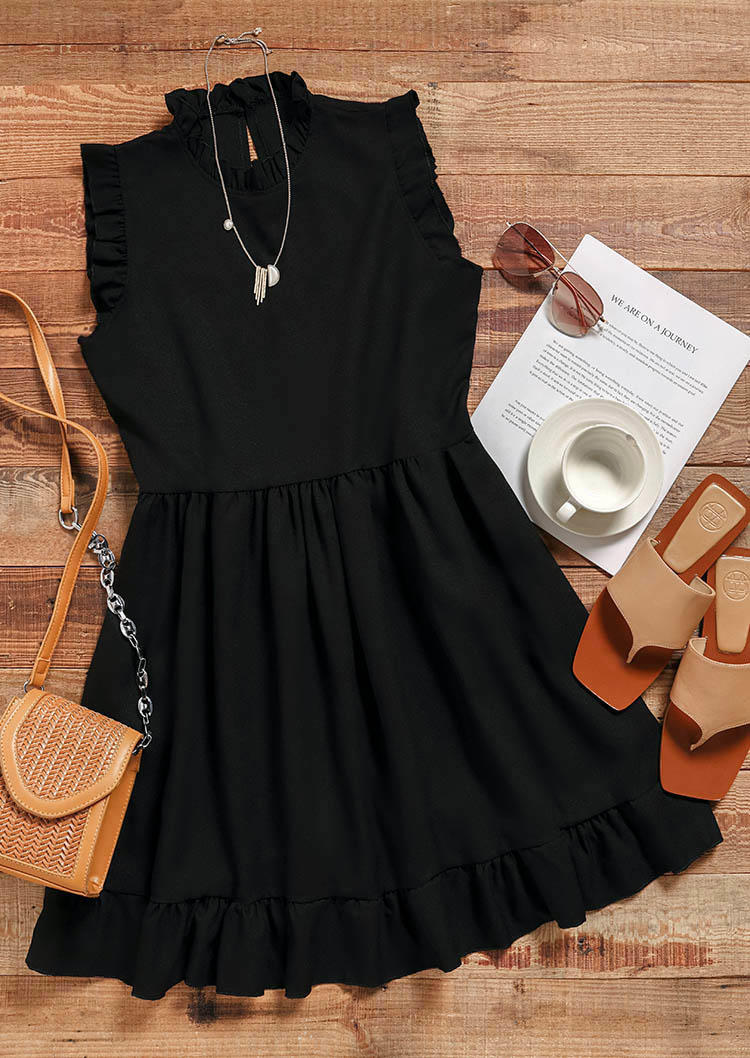 Ruffled Sleeveless O-Neck Mini Dress - Black