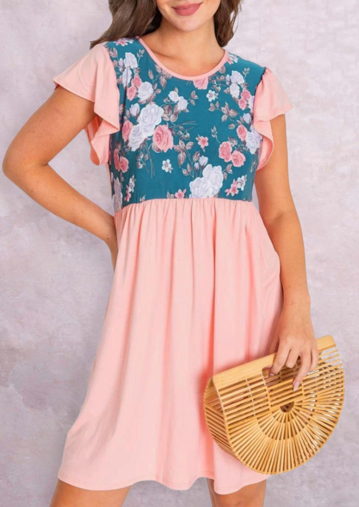 

Floral Ruffled Cap Sleeve Mini Dress - Pink, 536604
