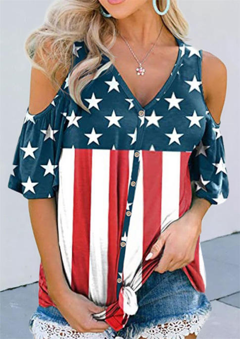 

American Flag Button Cold Shoulder Blouse, Multicolor, SCM001772