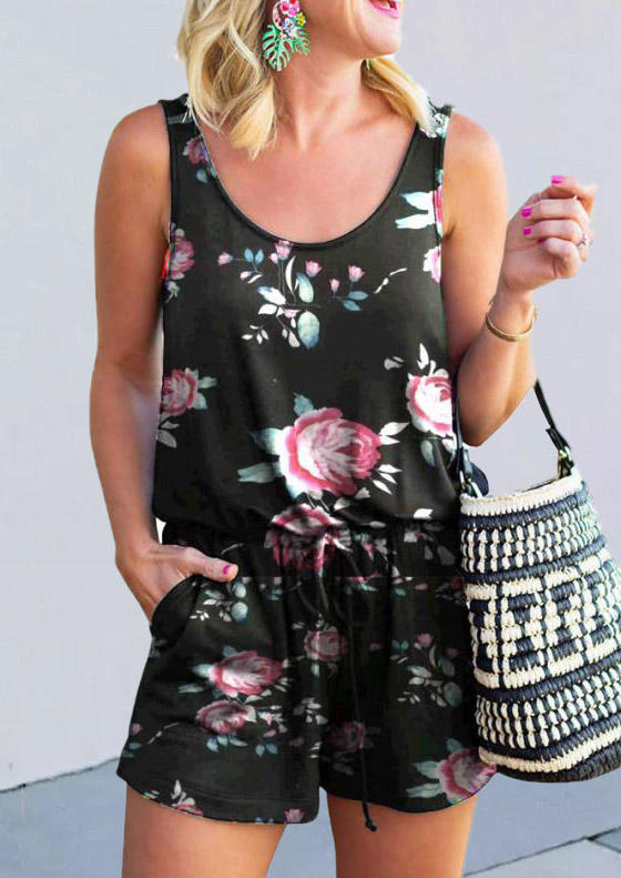

Floral Pocket Sleeveless Romper - Black, SCM001912