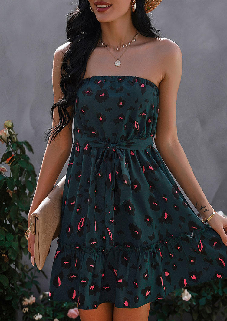 

Leopard Ruffled Strapless Bandeau Mini Dress - Green, SCM002041