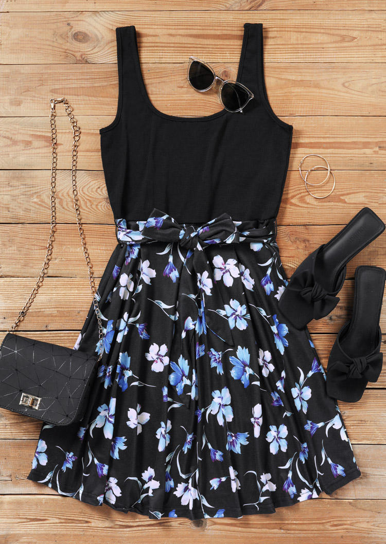 Floral Ruffled Sleeveless Mini Dress - Black