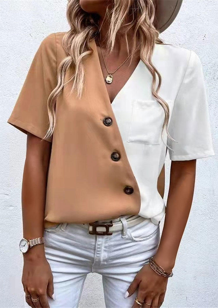 

Color Block Button Pocket V-Neck Blouse - Khaki, SCM002113