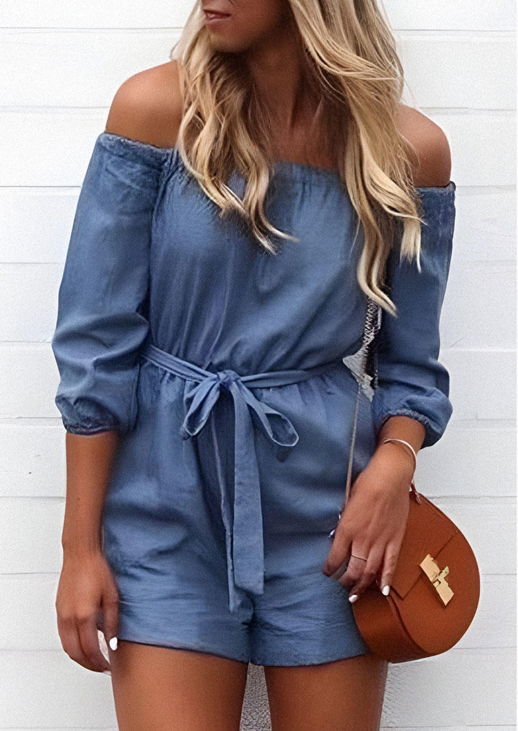 

Tie Elastic Off Shoulder Romper - Blue, SCM002164