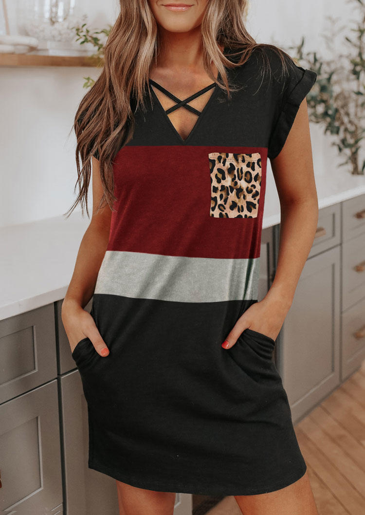 

Color Block Leopard Pocket Criss-Cross Mini Dress, Multicolor, SCM002177