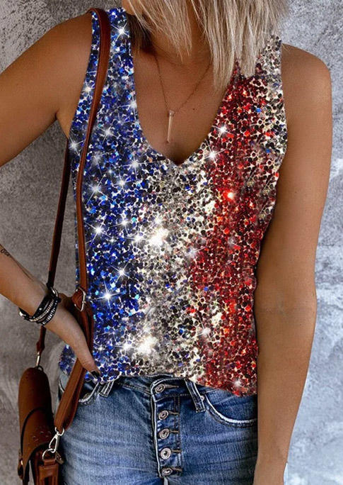 

Glitter American Flag Casual Tank, Multicolor, SCM002207