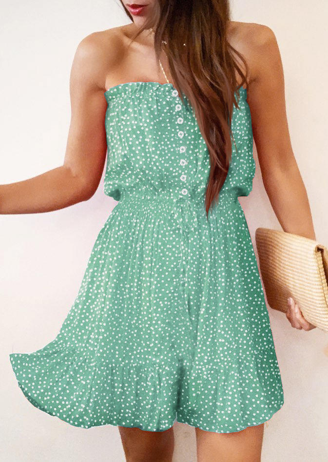 

Polka Dot Button Strapless Bandeau Ruffled Mini Dress - Light Green, SCM002241