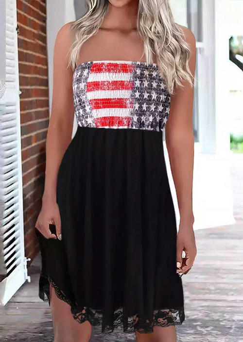 American Flag Splicing Lace Smocked Strapless Mini Dress - Black