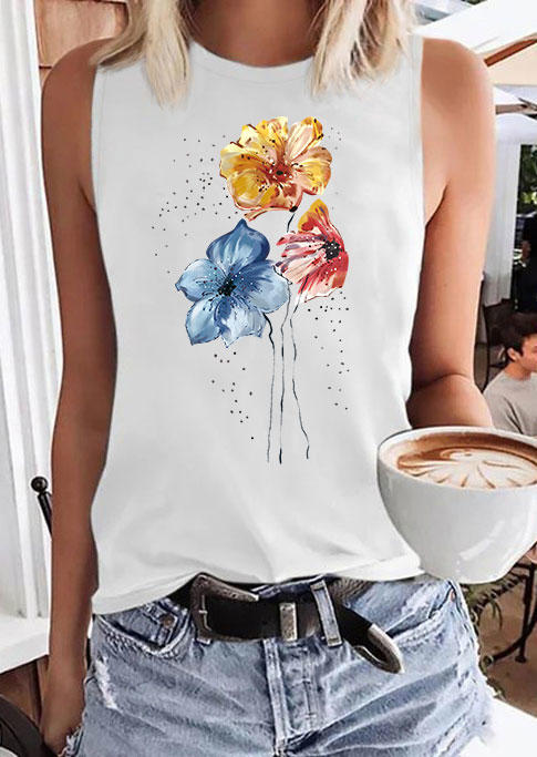 

Watercolor Floral O-Neck Casual Tank - White, 536661