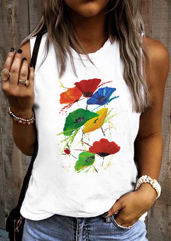 

Floral O-Neck Casual Tank - White, 536677