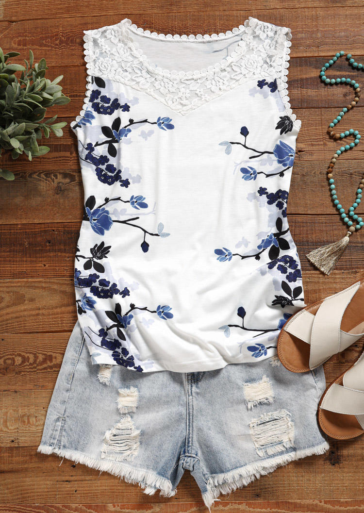 Lace Splicing Floral Casual Tank - White