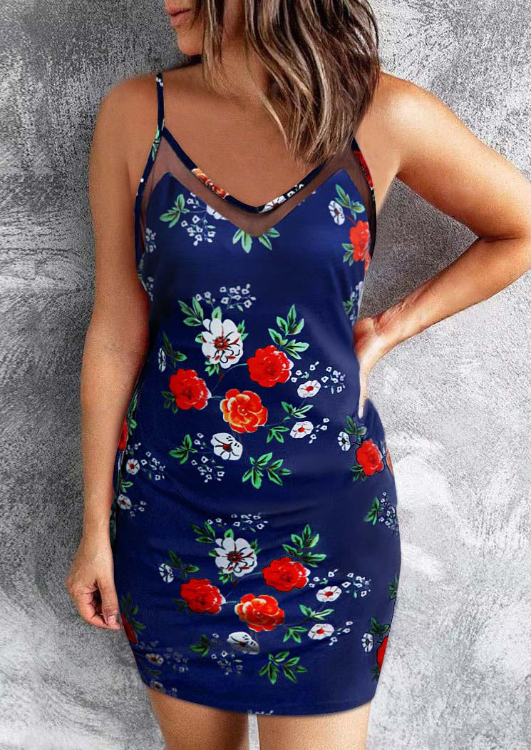 Floral Mesh Splicing Mini Dress - Navy Blue