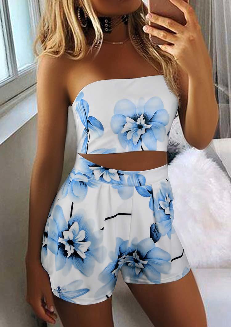 

Floral Crop Bandeau And High Waist Shorts Two-Piece Set - White, SCM001897