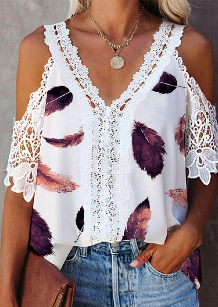 

Feather Lace Splicing Cold Shoulder Blouse - White, SCM001979