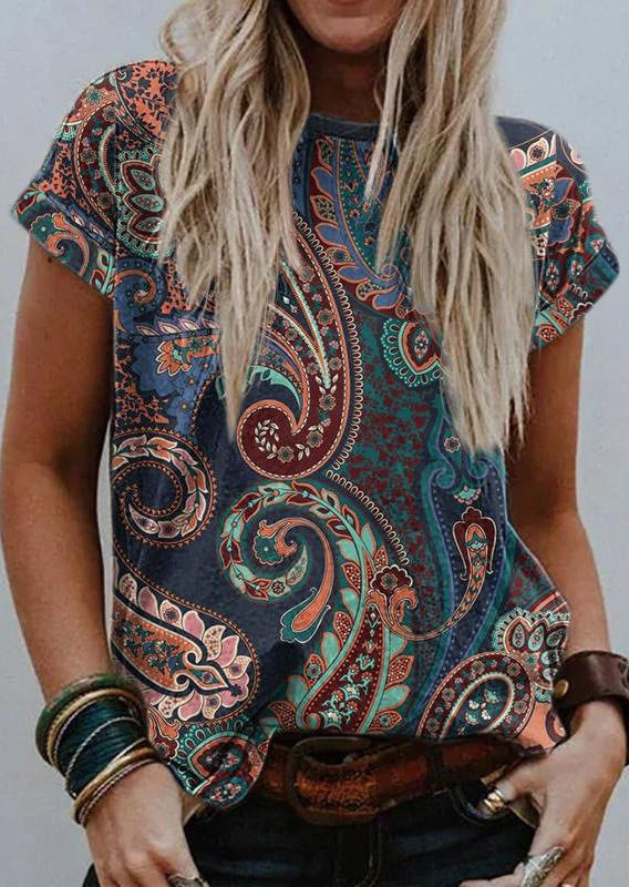 

Paisley O-Neck Short Sleeve Blouse, Multicolor, SCM002060