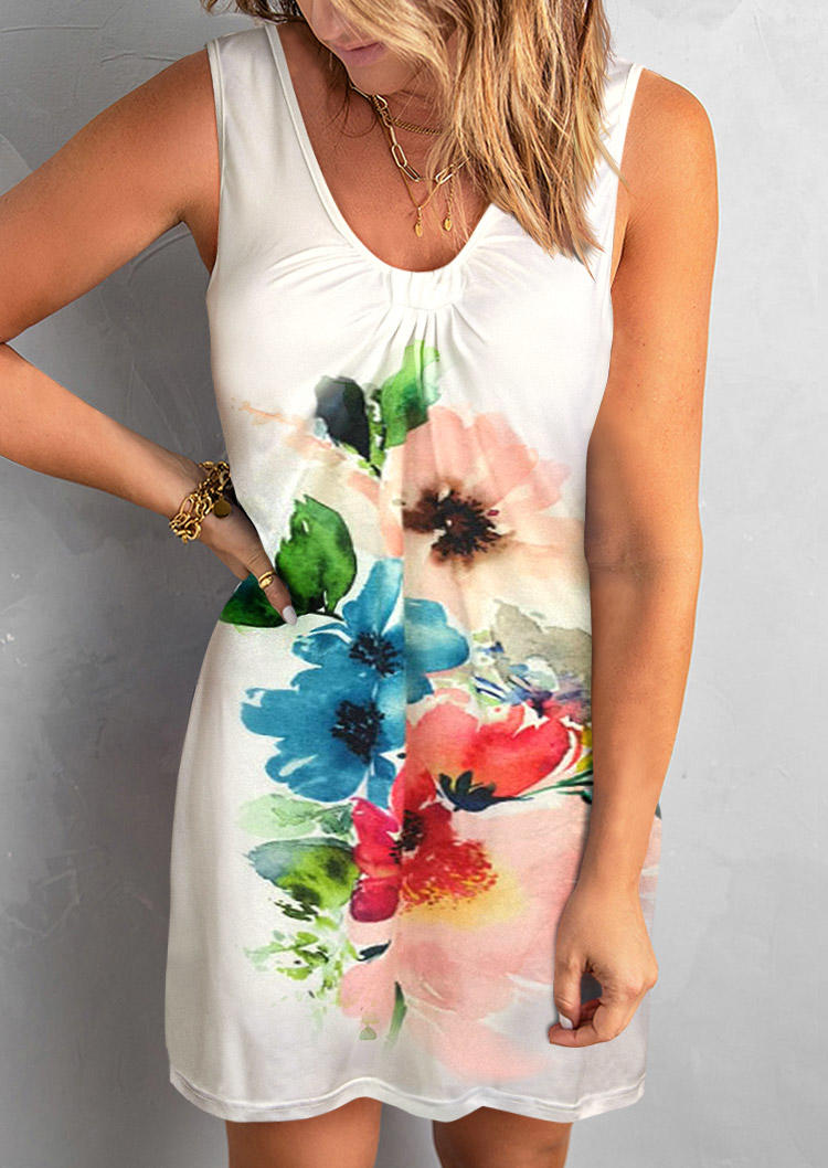 

Floral Ruffled Sleeveless Mini Dress - White, 536709