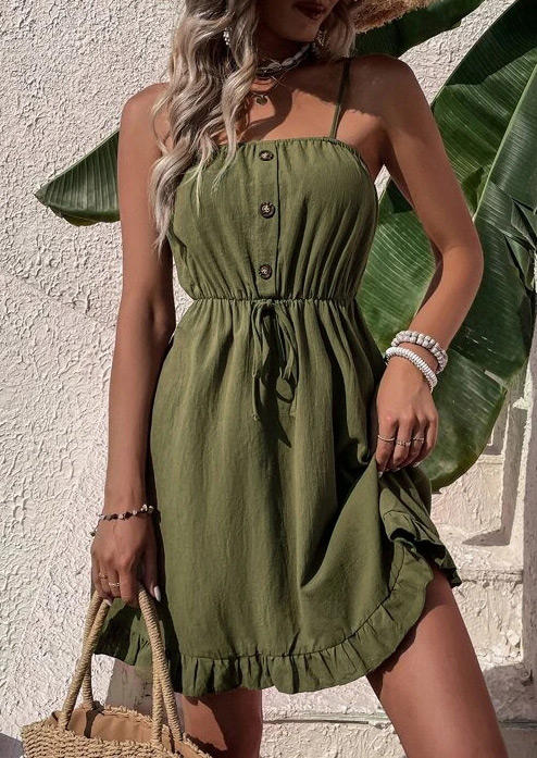 

Button Ruffled Tie Spaghetti Strap Mini Dress - Army Green, 536712