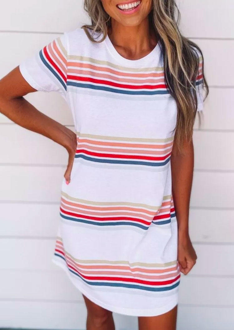 

Colorful Striped O-Neck Casual Mini Dress, Stripe, SCM002104