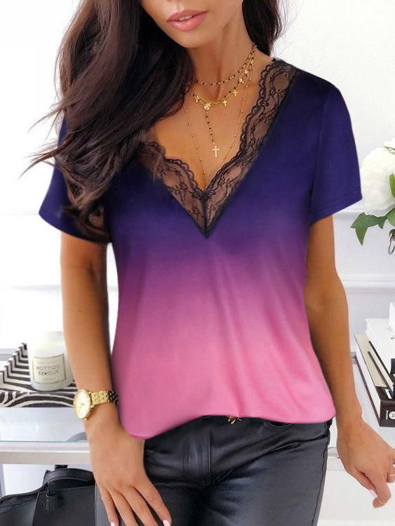 

Lace Splicing Gradient Short Sleeve Blouse, Multicolor, SCM002149