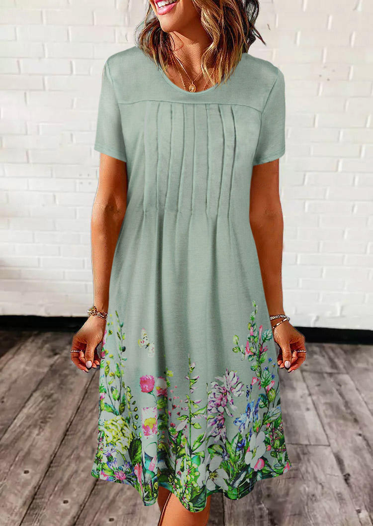 

Floral Ruffled Pocket O-Neck Midi Dress - Green, 536421