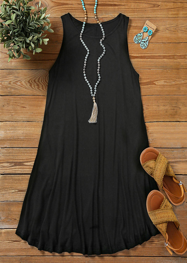 Pocket Sleeveless O-Neck Mini Dress - Black