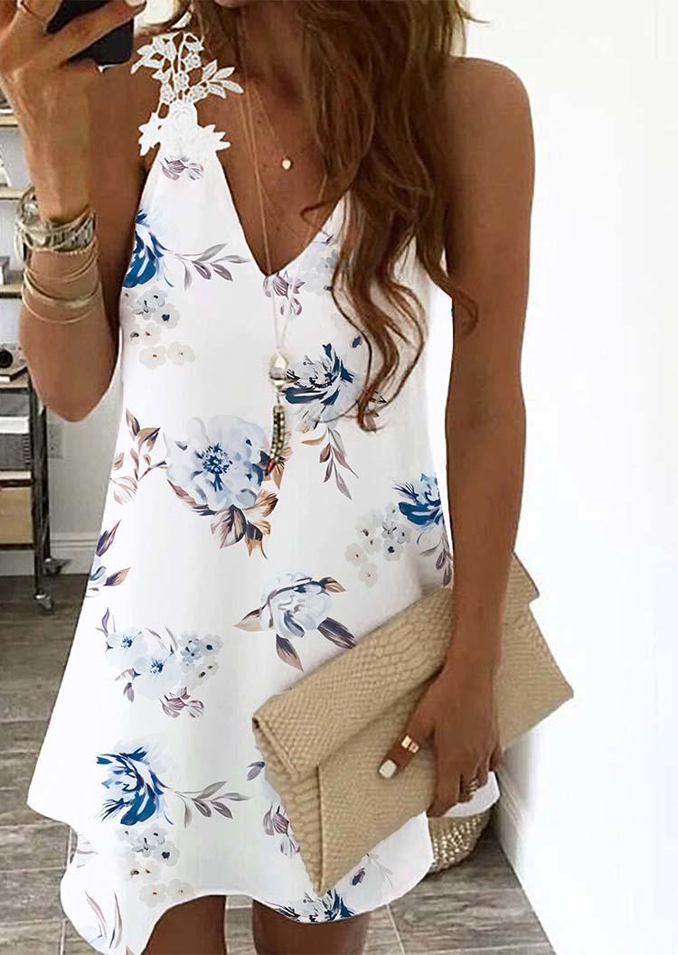 

Floral Lace Splicing V-Neck Mini Dress - White, SCM001637