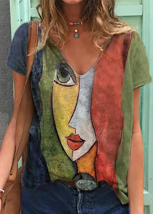 

Abstract Face Short Sleeve V-Neck Blouse, Multicolor, SCM001978