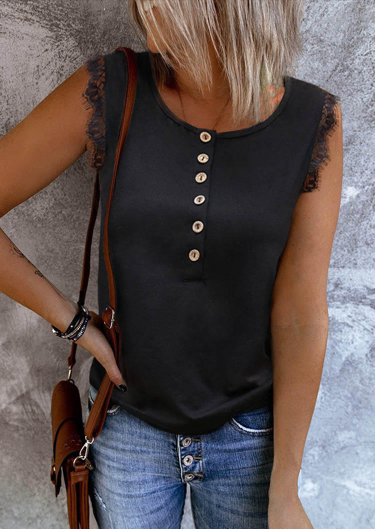 

Lace Splicing Button Tank - Black, SCM002106