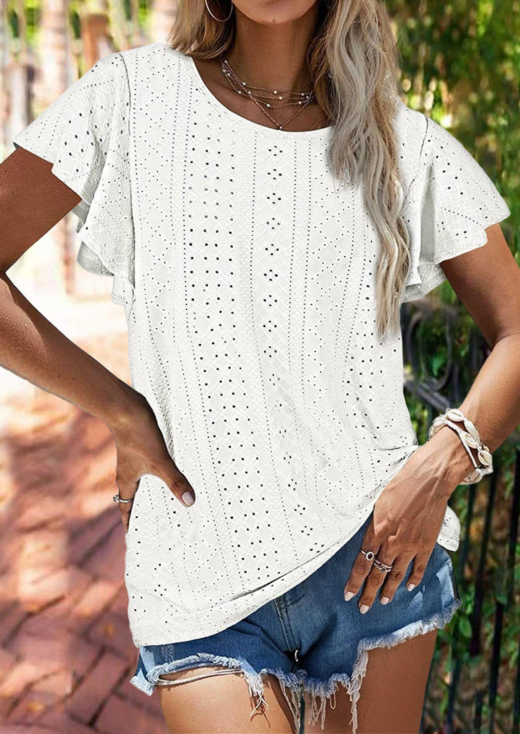Hollow Out Ruffled Flare Short Sleeve Blouse - White