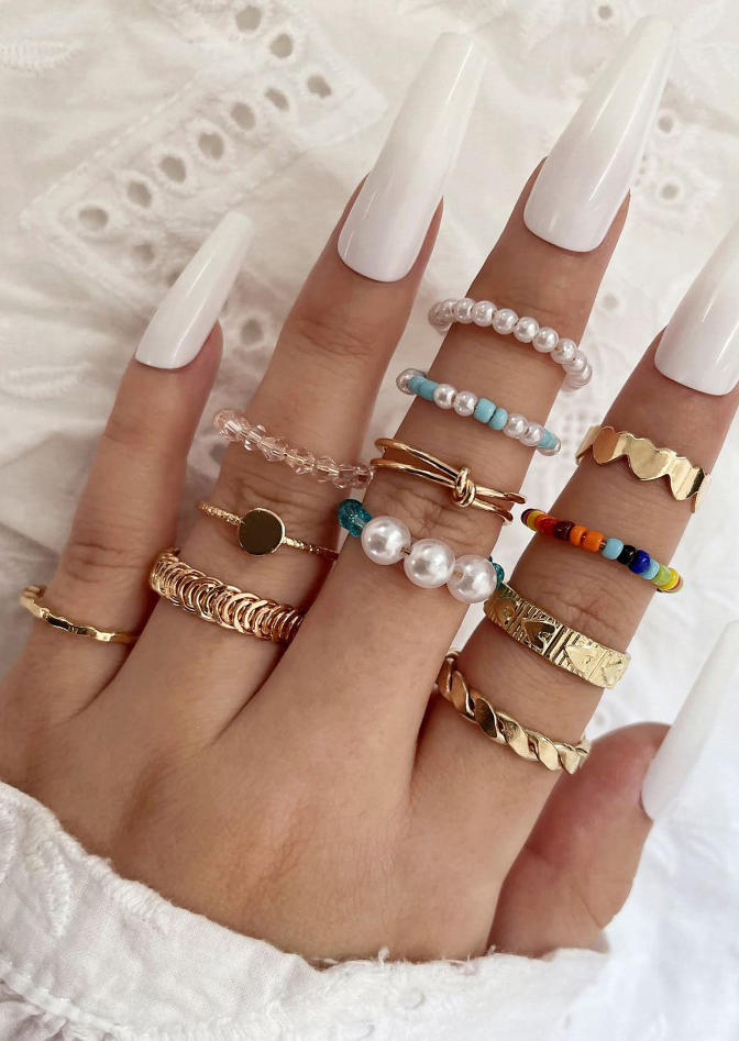 

12Pcs Pearl Beading Heart Ring Set, Gold, SCM002232