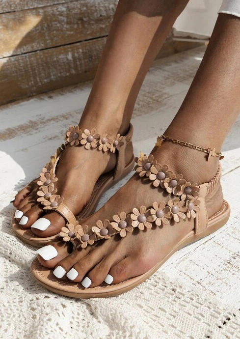 

Floral Flip Flops Flat Sandals without Anklet - Light Brown, SCM002283