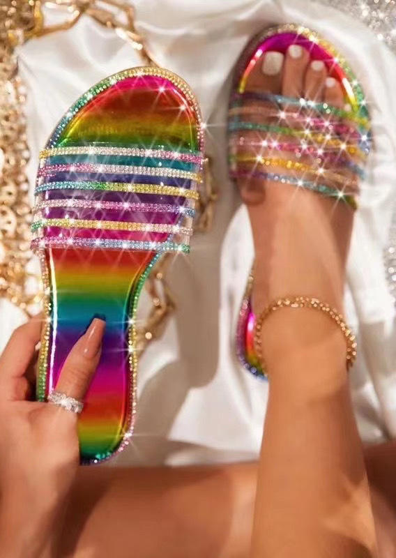 

Colorful Rhinestone Slip On Flat Slippers without Anklet, Multicolor, SCM002305