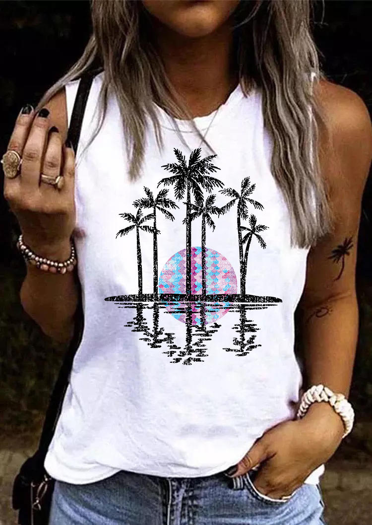 

Sunset Coconut Tree O-Neck Tank - White, 536606