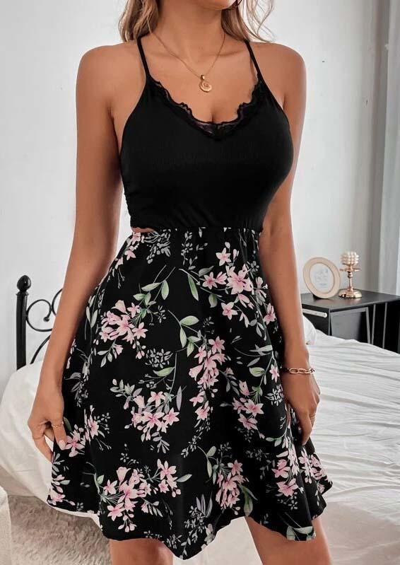 

Floral Lace Splicing Hollow Out Spaghetti Strap Mini Dress - Black, 536744