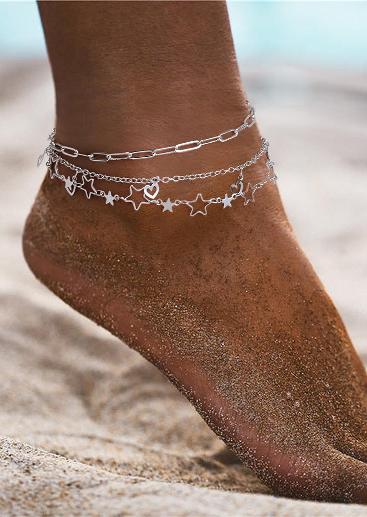 

3Pcs Heart Star Alloy Anklet, Silver, SCM001867