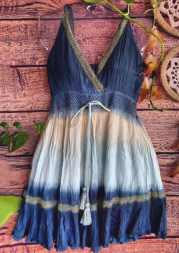 

Gradient Color Block Tassel Spaghetti Strap Mini Dress - Blue, SCM001889